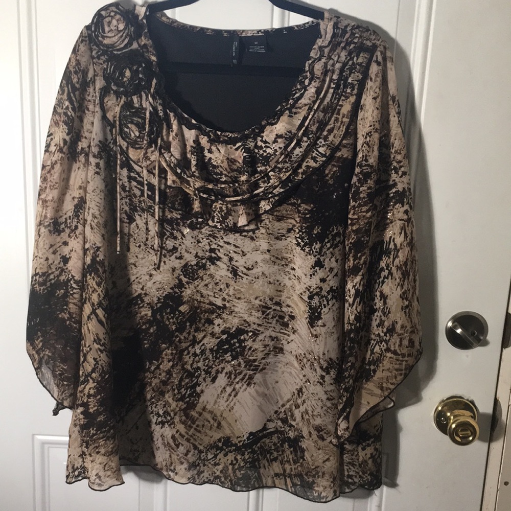New Directions 3 quarter sleeve scoop neck lined blouse w/fabric flowers size 1X